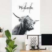 Hochlandkuhportrait Initialmonogramm Schwarz-weiß Poster (Heimbüro)