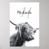 Hochlandkuhportrait Initialmonogramm Schwarz-weiß Poster (Vorne)