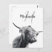 Hochlandkuhportrait Initialmonogramm Schwarz-weiß Postkarte (Vorne/Hinten)