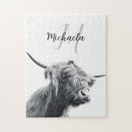 Hochlandkuhportrait Initialmonogramm Schwarz-weiß Puzzle