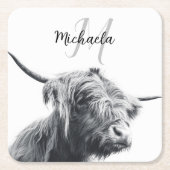 Hochlandkuhportrait Initialmonogramm Schwarz-weiß Rechteckiger Pappuntersetzer (Vorderseite)