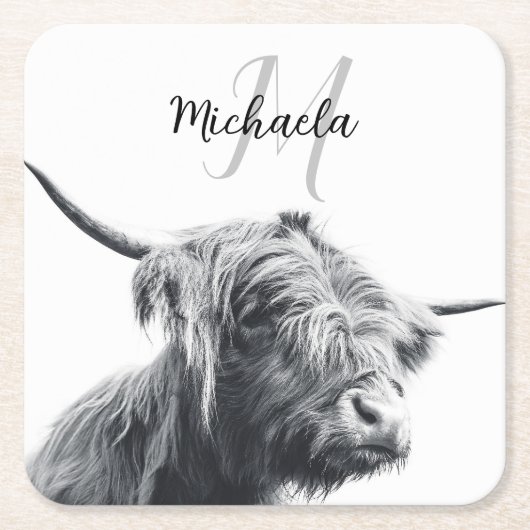 Hochlandkuhportrait Initialmonogramm Schwarz-weiß Rechteckiger Pappuntersetzer (Vorderseite)