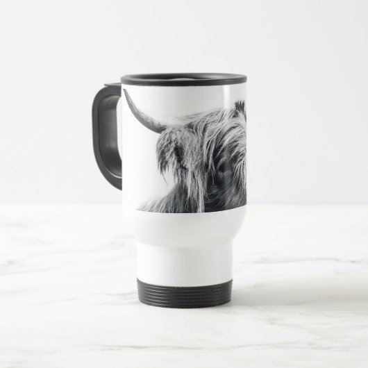 Hochlandkuhportrait Initialmonogramm Schwarz-weiß Reisebecher (Vorderseite Links)