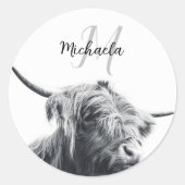 Hochlandkuhportrait Initialmonogramm Schwarz-weiß Runder Aufkleber (Vorderseite)