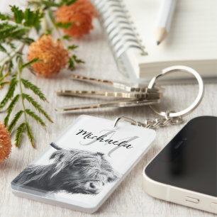 Hochlandkuhportrait Initialmonogramm Schwarz-weiß Schlüsselanhänger