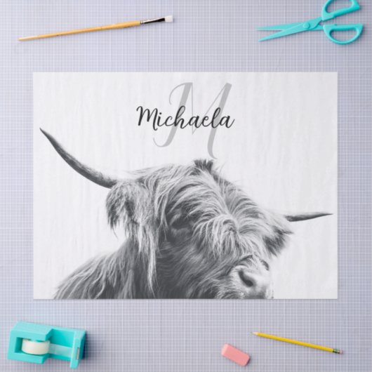 Hochlandkuhportrait Initialmonogramm Schwarz-weiß Seidenpapier (Basteln)