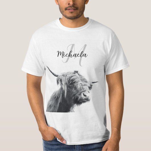 Hochlandkuhportrait Initialmonogramm Schwarz-weiß T-Shirt (Vorderseite)