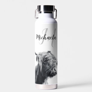 Hochlandkuhportrait Initialmonogramm Schwarz-weiß Trinkflasche