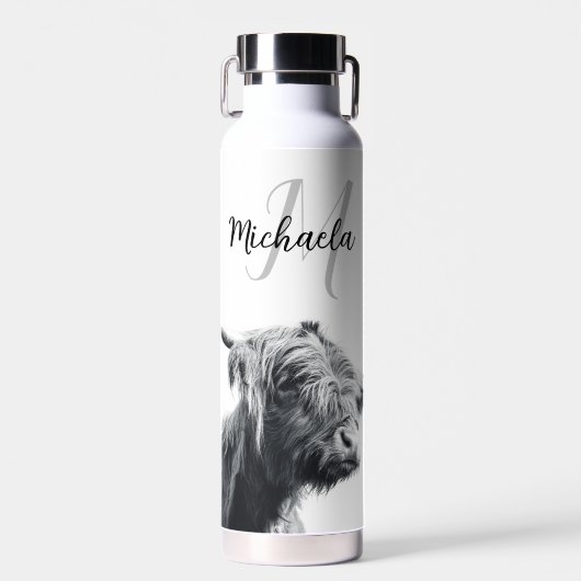 Hochlandkuhportrait Initialmonogramm Schwarz-weiß Trinkflasche (Vorne)