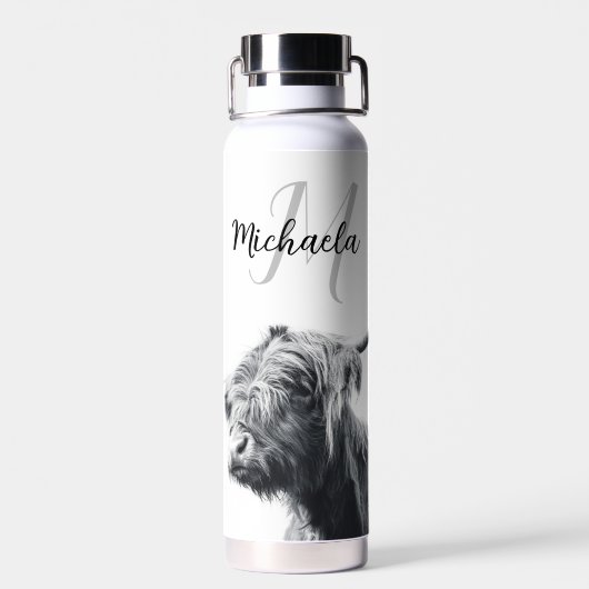 Hochlandkuhportrait Initialmonogramm Schwarz-weiß Trinkflasche (Rückseite)