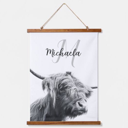 Hochlandkuhportrait Initialmonogramm Schwarz-weiß Wandteppich Mit Holzrahmen (Vorderseite)