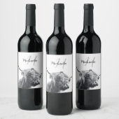 Hochlandkuhportrait Initialmonogramm Schwarz-weiß Weinetikett (Flaschen)