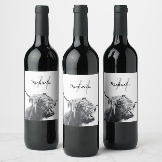 Hochlandkuhportrait Initialmonogramm Schwarz-weiß Weinetikett (Flaschen)