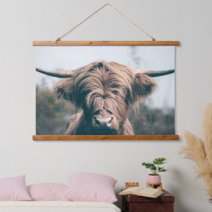 Hochlandkuhportrait Wandteppich Mit Holzrahmen
