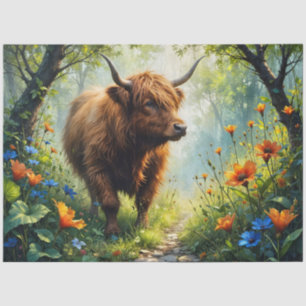 Hochlandrind im Wald mit Wildblumen Seidenpapier