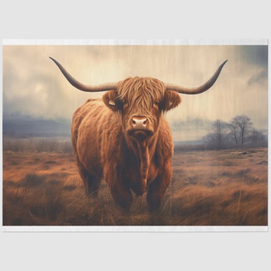Hochlandskuh in Foggy Landscape Decoupage Papier (Vorderseite)