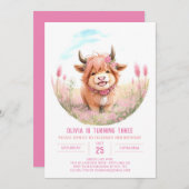 Hochlandskuh und Wildblume zum Geburtstag Einladung (Vorne/Hinten)