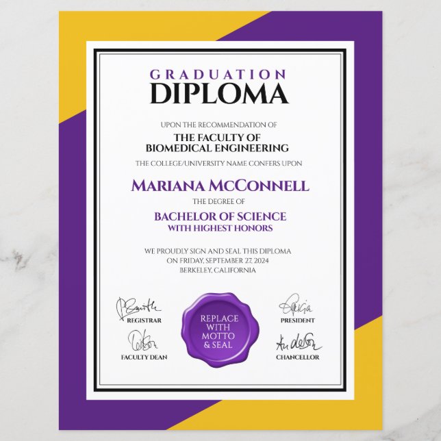 Hochschuldiplom der lila Gold School Uni (Vorderseite)