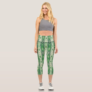 Hochwaiste Capris, grünes Stoffmuster Capri Leggings