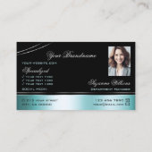 Hochwertiges Schwarz-Aquamarine Linien Monogramm u Visitenkarte (Rückseite)