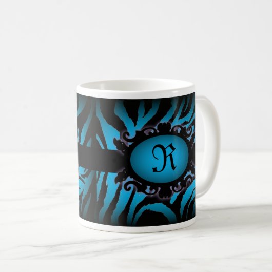 Hochwertiges Türkis Zebra Print Monogramm Kaffeetasse (VorderseiteRechts)
