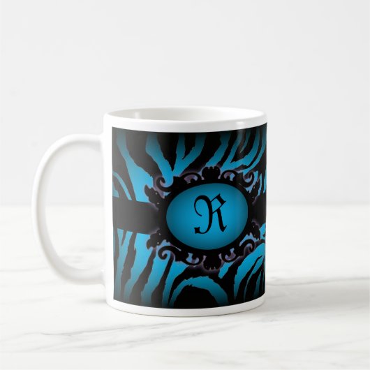 Hochwertiges Türkis Zebra Print Monogramm Kaffeetasse (Links)