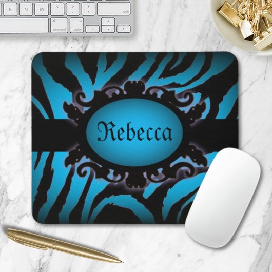 Hochwertiges Türkis Zebra Print Monogramm Mousepad