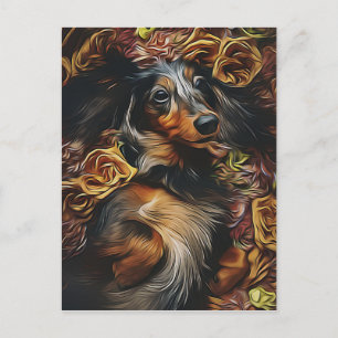 Hochwinkelportrait von Dackel auf Feld Po Postkarte