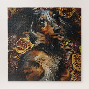 Hochwinkelportrait von Dackel auf Feld Po Puzzle