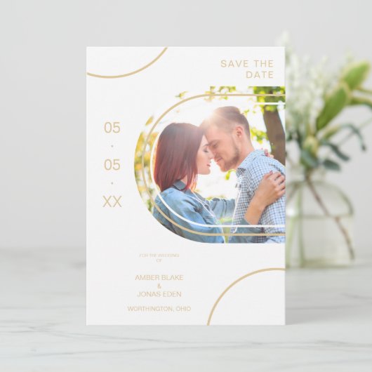 Hochzeit Abstrakte Formen Foto Paar Golden Effect Save The Date (Stehend Vorderseite)