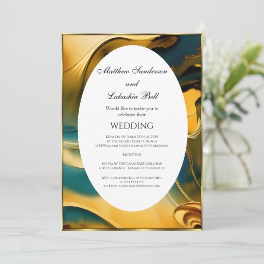 Hochzeit Abstraktes aquamarines Gold Elegante Mode Einladung (Stehend Vorderseite)