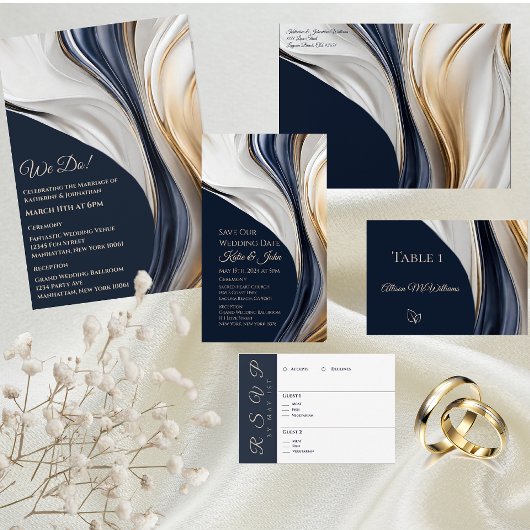Hochzeit-Abstraktes Fluid Art-Blue und Gold- Einladung