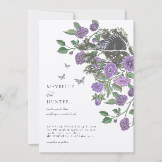 Hochzeit Alice im Wunderland Cheshire Cat & Floral Einladung (Vorderseite)