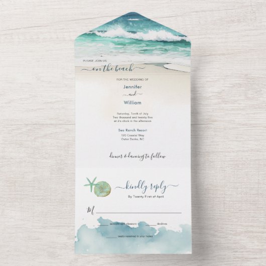 Hochzeit am Küstenstrand All In One Einladung (Innen Boden)