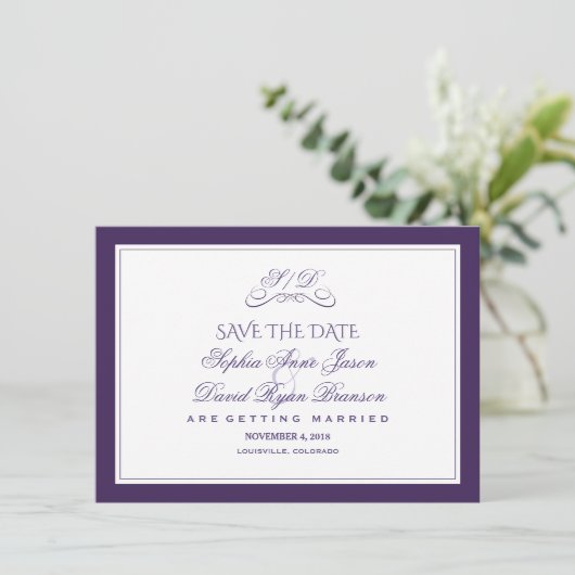 Hochzeit am lila und weißen Abend Save The Date (Stehend Vorderseite)