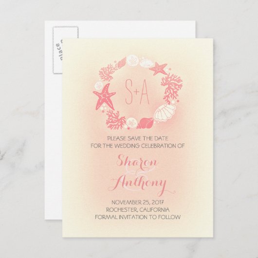 Hochzeit am niedlichen Korallenstrand Save the Dat Ankündigungspostkarte (Vorne/Hinten)