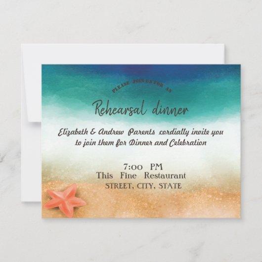 Hochzeit am Strand, Abendessen bei Probe Starfish Einladung (Vorderseite)