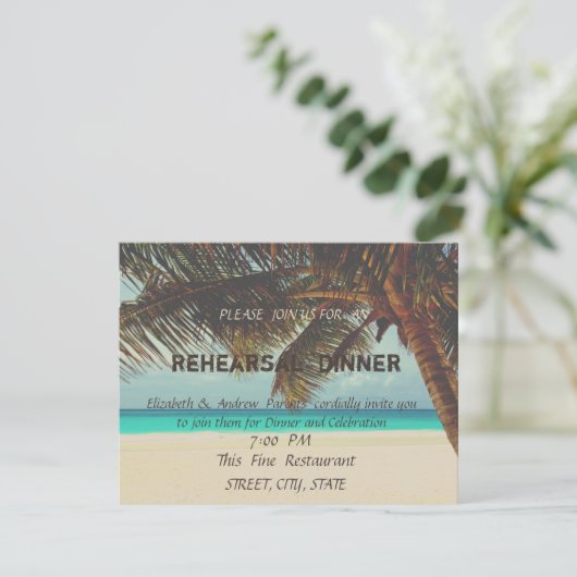 Hochzeit am Strand, Abendessen in Palm Probe Einladung (Stehend Vorderseite)