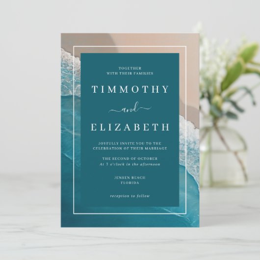 Hochzeit am Strand Aquamarin Einladung (Stehend Vorderseite)