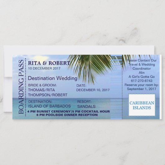 Hochzeit am Strand | Boarding Pass Ticket-Zielort Einladung (Vorderseite)