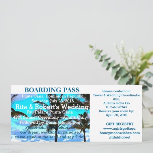 Hochzeit am Strand | Boarding Pass Ticket-Zielort Einladung (Stehend Vorderseite)