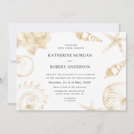 Hochzeit am Strand in goldblauer Hochzeit Einladun Einladung (Vorderseite)