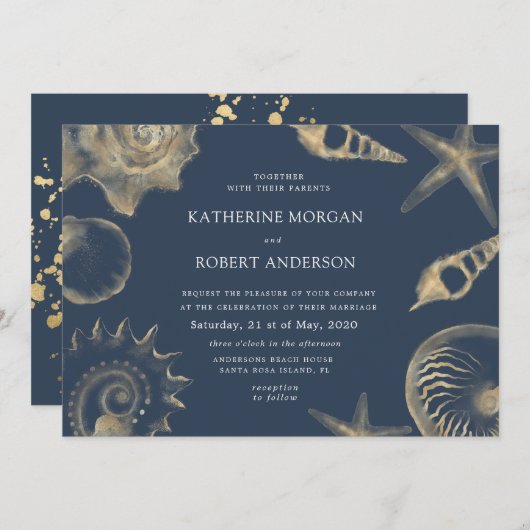 Hochzeit am Strand in goldblauer Hochzeit Einladun Einladung (Vorne/Hinten)