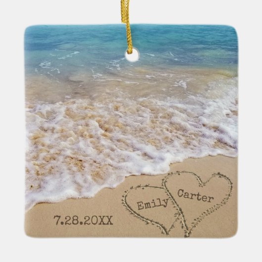 Hochzeit am Strand mit Namen und Datum Keramikornament (Vorderseite)
