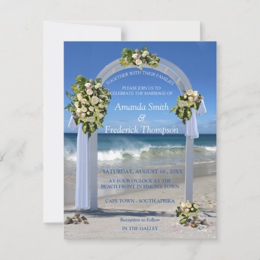 Hochzeit am Strand mit Rose von White Floribunda Einladung (Vorderseite)