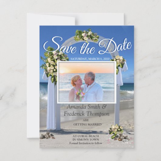 Hochzeit am Strand mit weißen Rose Einladung (Vorderseite)