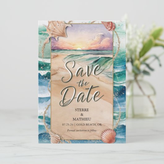 Hochzeit am Strand Save The Date (Stehend Vorderseite)
