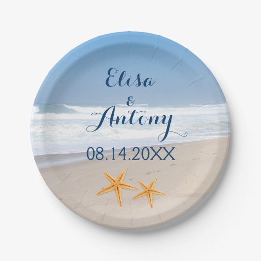 Hochzeit am Strand von Seestern Pappteller (Vorderseite)
