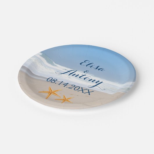 Hochzeit am Strand von Seestern Pappteller (Schrägansicht)