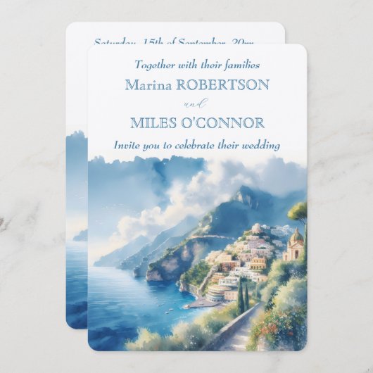 Hochzeit Amalfi Küste Wasserfarbe Italien Zielort Einladung (Vorne/Hinten)